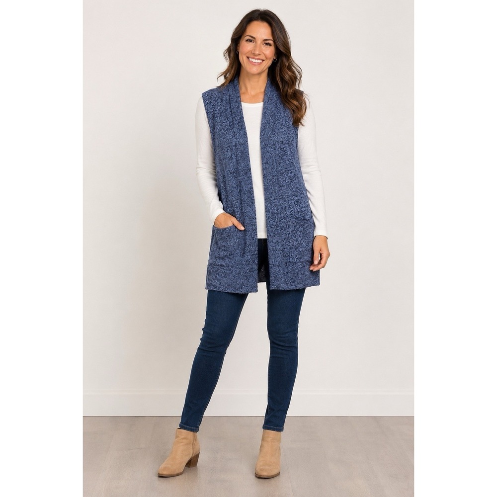 Karen Scott XL Open Front Sweater Vest Blue Marled Knit Pockets NWT Soft Layer